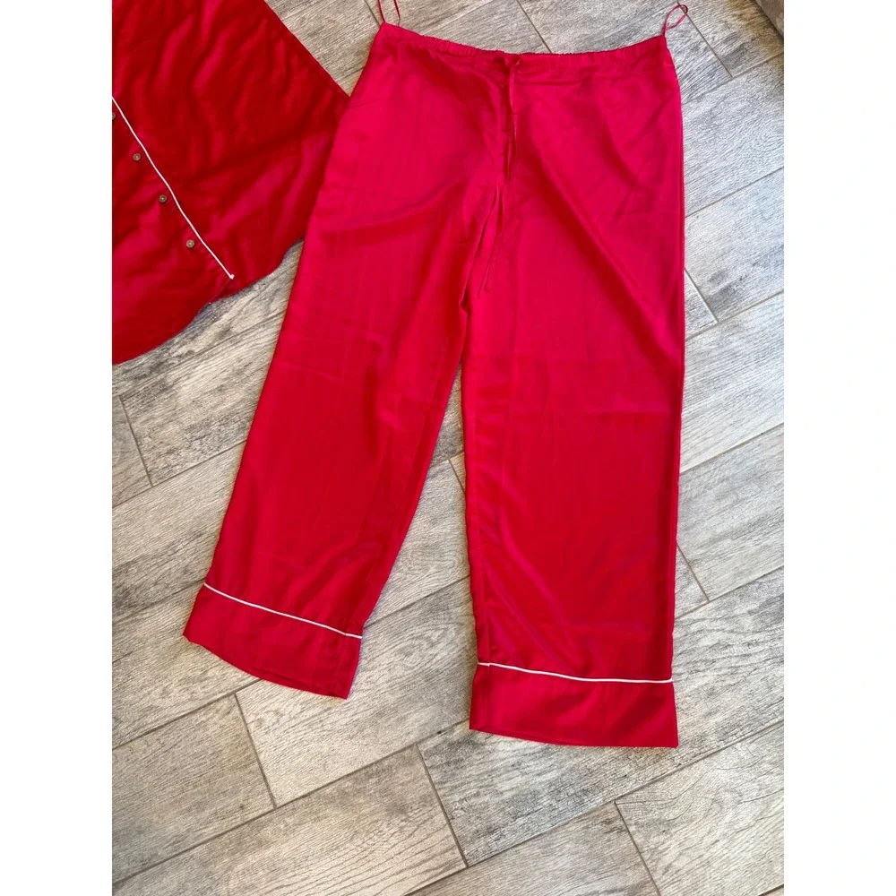 Natori Pajama Set 2‎ pc Large Red Satin Shirt Button Down Long Sleeve Pants ReAd